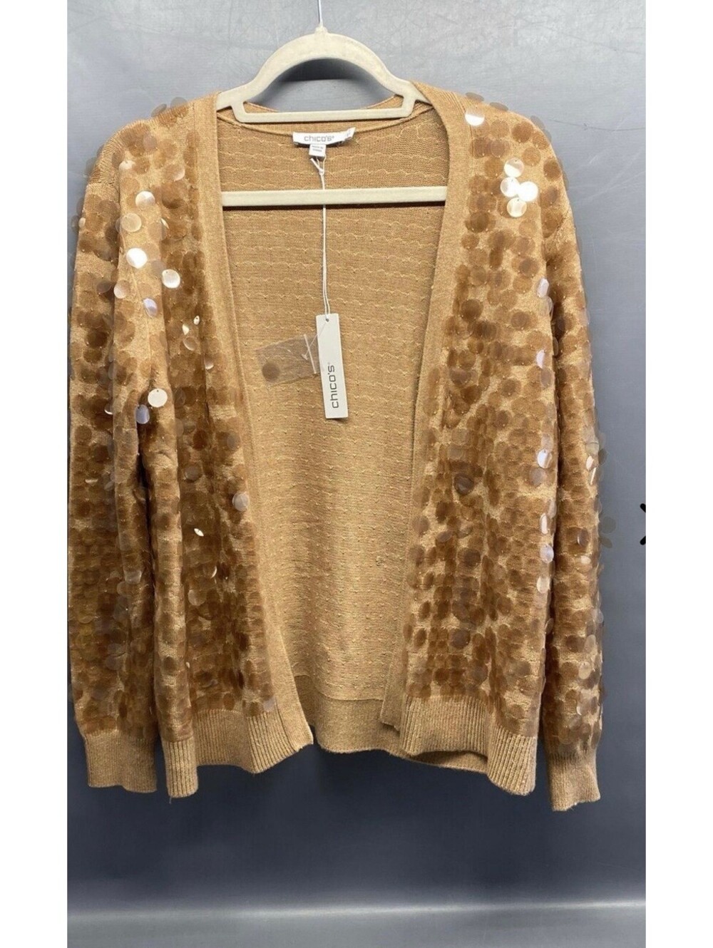 NWT Chico's Women's Faux Camel Heather Sequin Cardigan Sweater Size 1